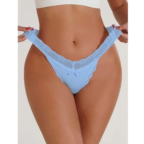 Milumia Women Sexy Panties Lace Cut Out Thongs Mid Waist Underwear Sky Blue - Picture 3 of 7